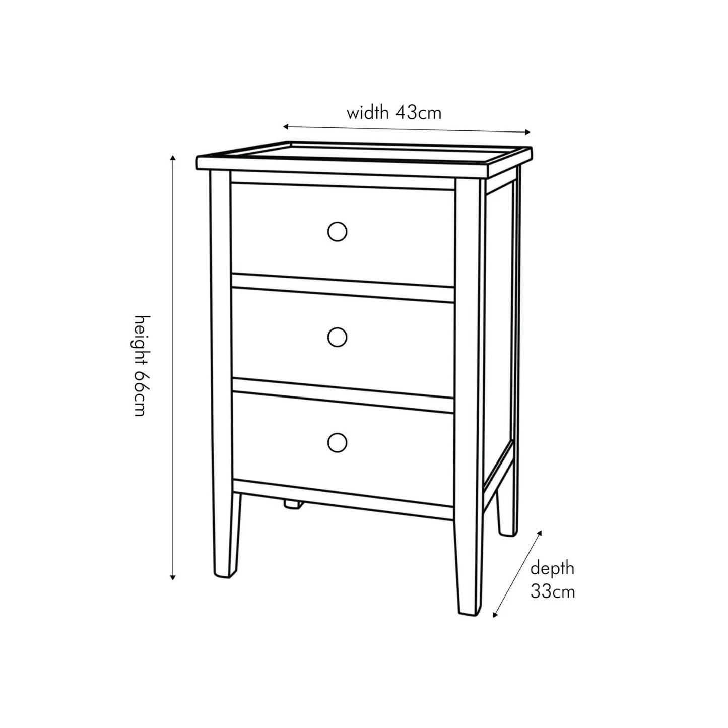 Satin Black Pine Wood 3 Drawer Side Table with Gold Knob Handles – Compact Wooden Bedside Cabinet with Three Storage Drawers Dimensions for Bedrooms, Living Rooms & Home Office 66x43x33cm | Click Style