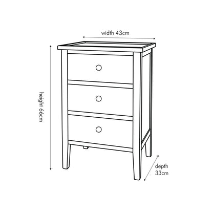 Satin Black Pine Wood 3 Drawer Side Table with Gold Knob Handles – Compact Wooden Bedside Cabinet with Three Storage Drawers Dimensions for Bedrooms, Living Rooms & Home Office 66x43x33cm | Click Style