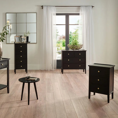 Satin Black Pine Wood 3 Drawer Side Table with Gold Knob Handles – Compact Wooden Bedside Cabinet with Three Storage Drawers for Bedrooms, Living Rooms & Home Office 66x43x33cm | Click Style