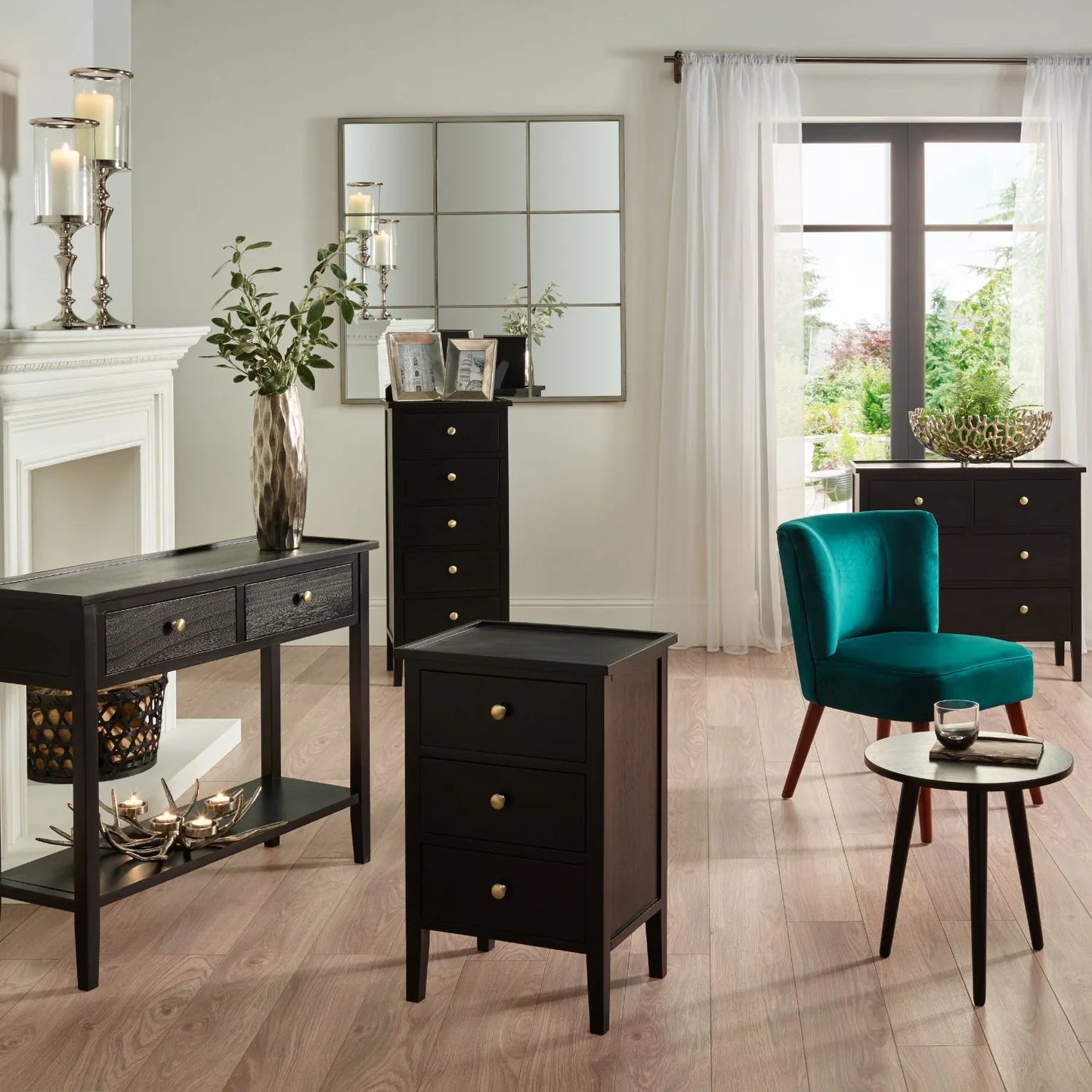 Satin Black Pine Wood 3 Drawer Side Table with Gold Knob Handles – Compact Wooden Bedside Cabinet with Three Storage Drawers for Bedrooms, Living Rooms & Home Office 66x43x33cm | Click Style