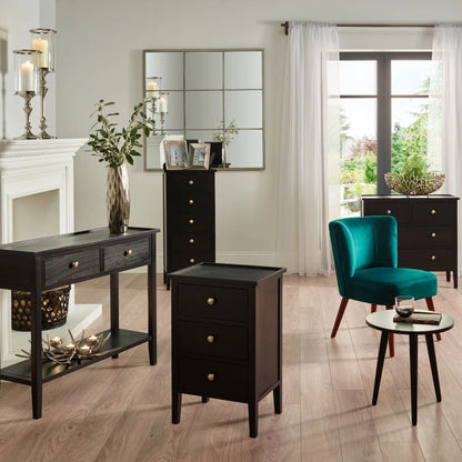 Satin Black Pine Wood 3 Drawer Side Table with Gold Knob Handles – Compact Wooden Bedside Cabinet with Three Storage Drawers for Bedrooms, Living Rooms & Home Office 66x43x33cm | Click Style