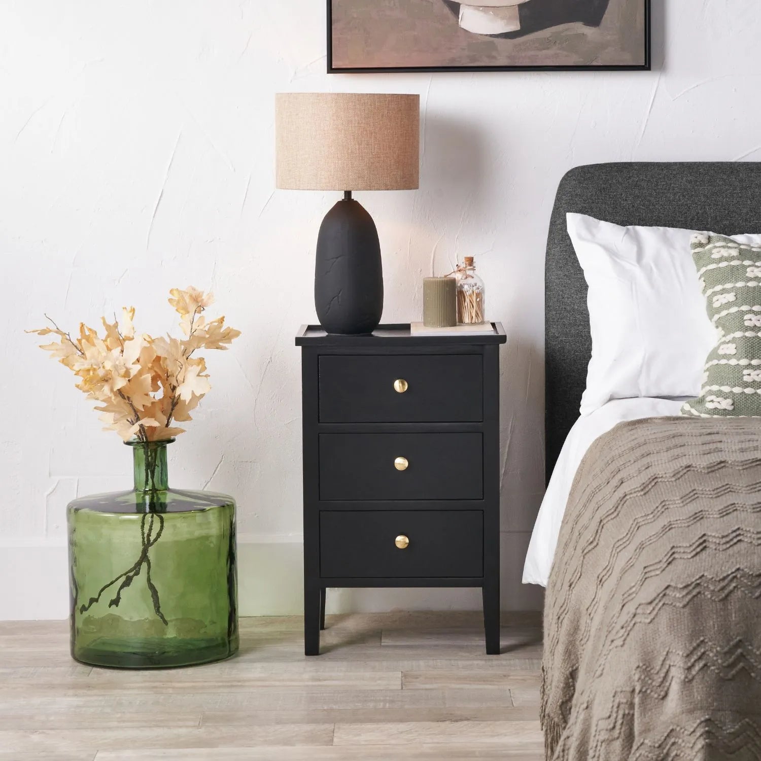 Satin Black Pine Wood 3 Drawer Side Table with Gold Knob Handles – Compact Wooden Bedside Cabinet with Three Storage Drawers for Bedrooms, Living Rooms & Home Office 66x43x33cm | Click Style