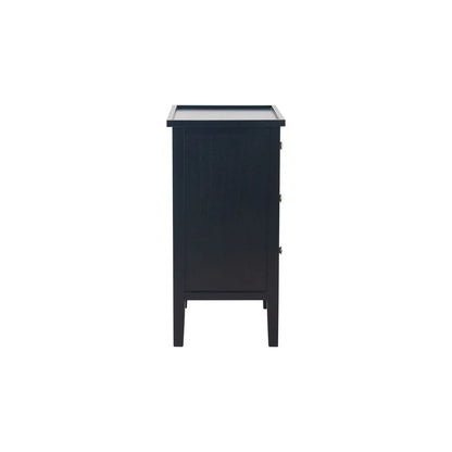 Satin Black Pine Wood 3 Drawer Side Table with Gold Knob Handles – Compact Wooden Bedside Cabinet with Three Storage Drawers Side View for Bedrooms, Living Rooms & Home Office 66x43x33cm | Click Style