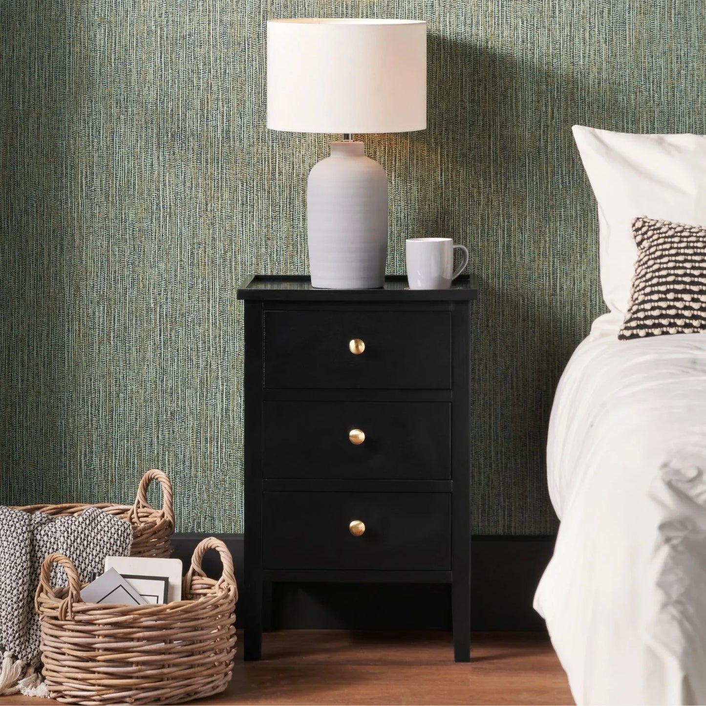 Satin Black Pine Wood 3 Drawer Side Table with Gold Knob Handles – Compact Wooden Bedside Cabinet with Three Storage Drawers for Bedrooms, Living Rooms & Home Office 66x43x33cm | Click Style
