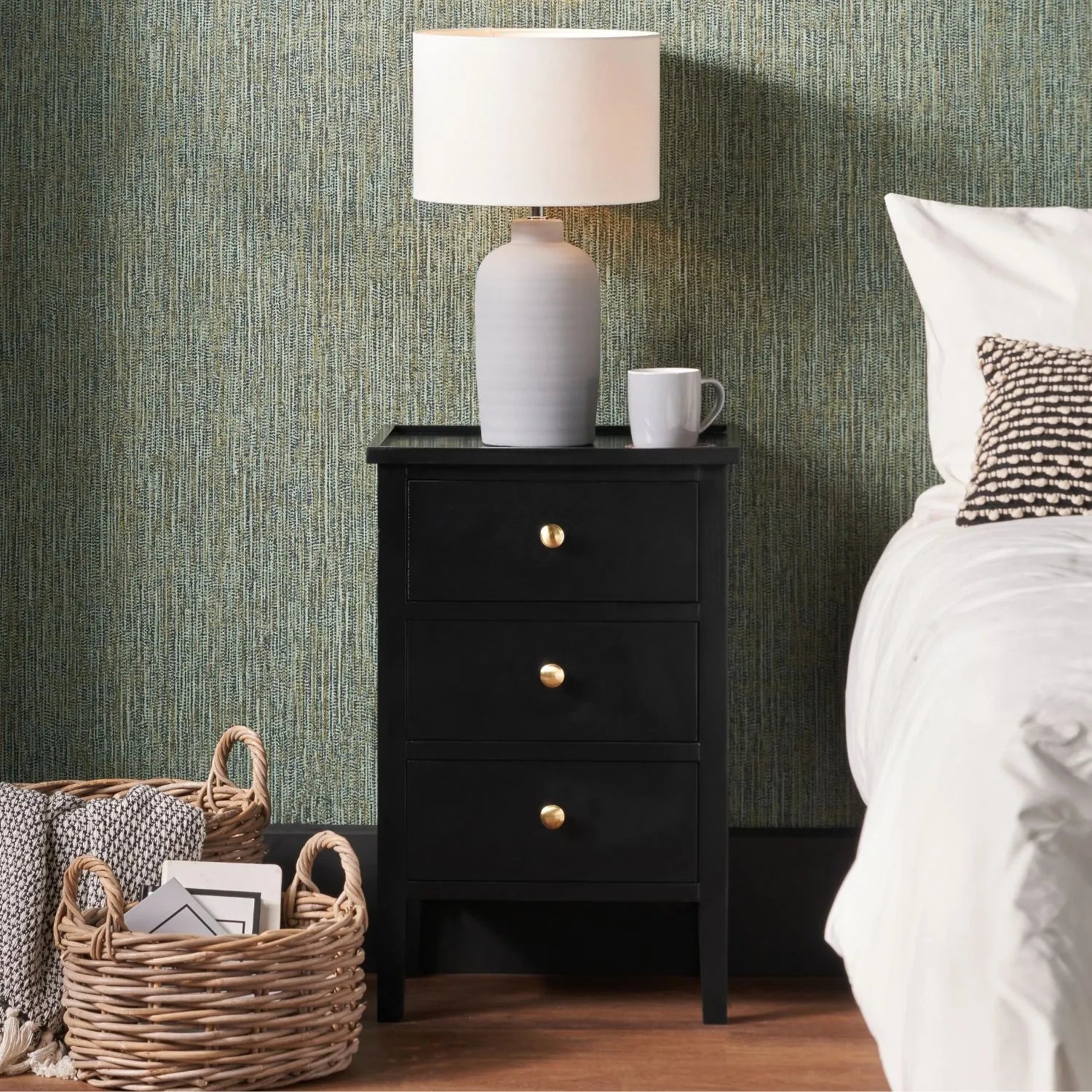 Satin Black Pine Wood 3 Drawer Side Table with Gold Knob Handles – Compact Wooden Bedside Cabinet with Three Storage Drawers for Bedrooms, Living Rooms & Home Office 66x43x33cm | Click Style
