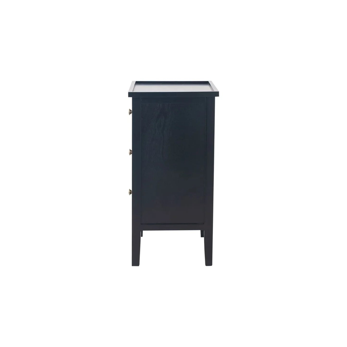 Satin Black Pine Wood 3 Drawer Side Table with Gold Knob Handles – Compact Wooden Bedside Cabinet with Three Storage Drawers Side View for Bedrooms, Living Rooms & Home Office 66x43x33cm | Click Style