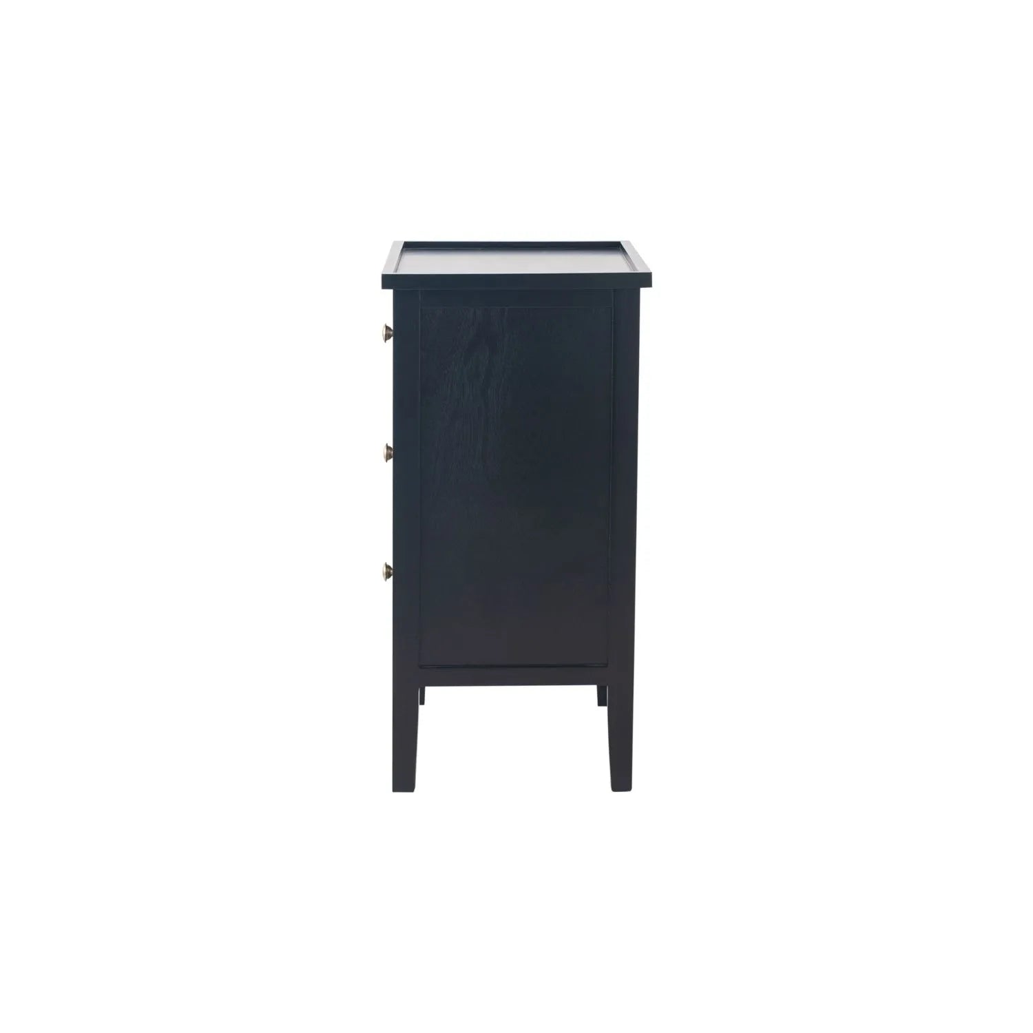 Satin Black Pine Wood 3 Drawer Side Table with Gold Knob Handles – Compact Wooden Bedside Cabinet with Three Storage Drawers Side View for Bedrooms, Living Rooms & Home Office 66x43x33cm | Click Style