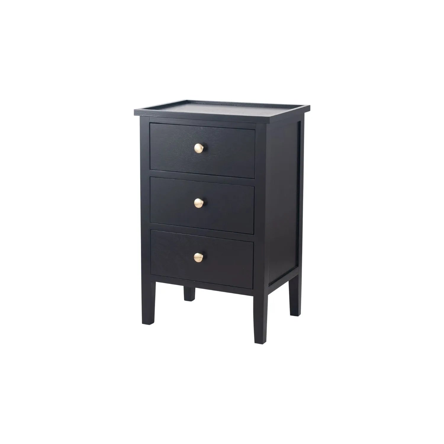 Satin Black Pine Wood 3 Drawer Side Table with Gold Knob Handles – Compact Wooden Bedside Cabinet with Three Storage Drawers for Bedrooms, Living Rooms & Home Office 66x43x33cm | Click Style