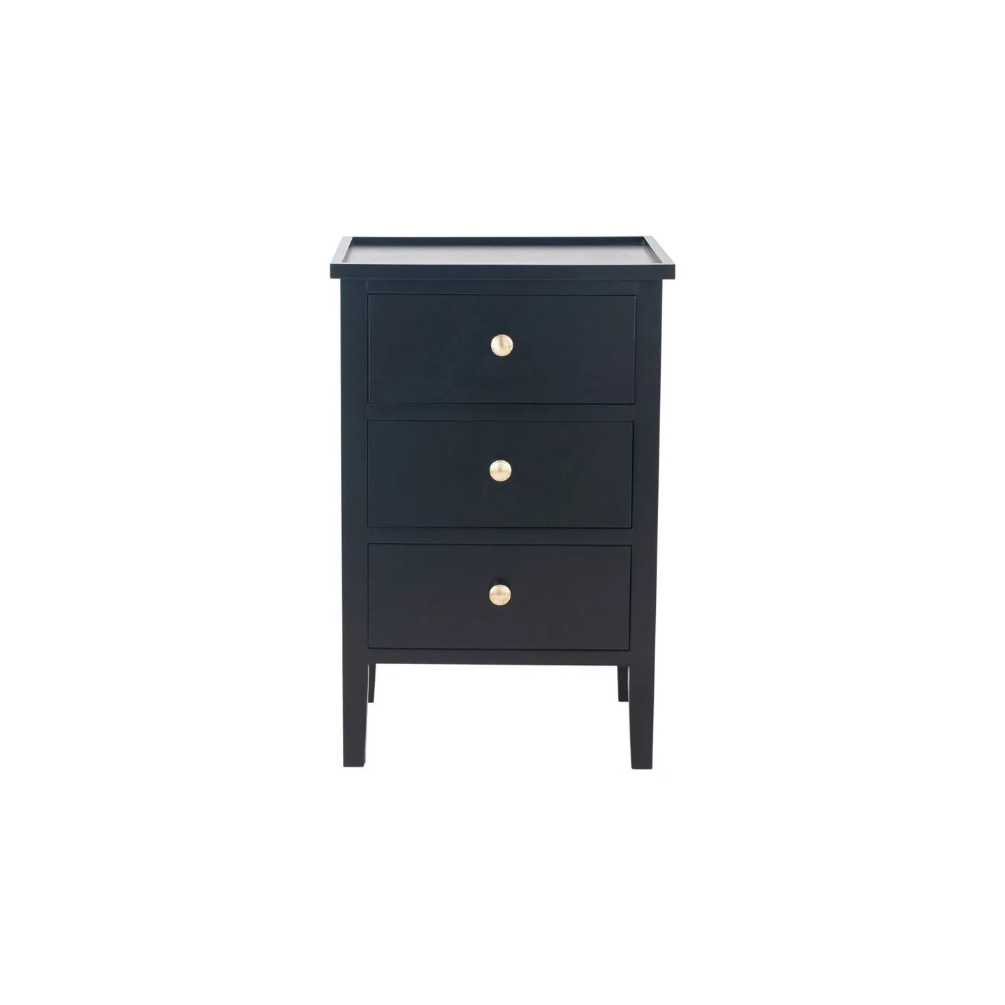 Satin Black Pine Wood 3 Drawer Side Table with Gold Knob Handles – Compact Wooden Bedside Cabinet with Three Storage Drawers for Bedrooms, Living Rooms & Home Office 66x43x33cm | Click Style
