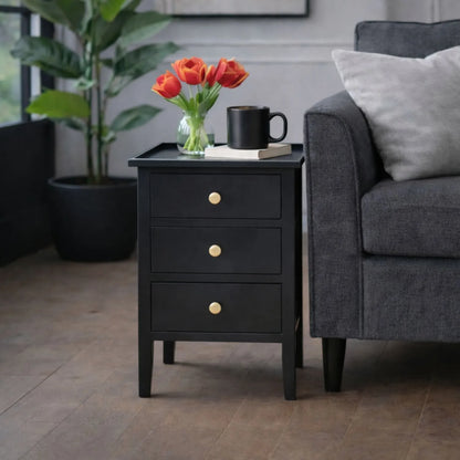 Satin Black Pine Wood 3 Drawer Side Table with Gold Knob Handles – Compact Wooden Bedside Cabinet with Three Storage Drawers for Bedrooms, Living Rooms & Home Office 66x43x33cm | Click Style