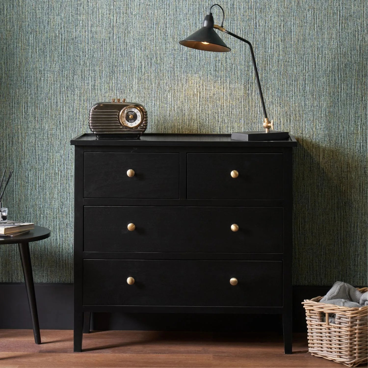 Satin Black Pine Wood 4 Drawer Chest of Drawers with Gold Knob Handles – Scandinavian Style Black Wooden Storage Cabinet with Raised Lipped Tabletop and Tapered Legs 75x80x33cm | Click Style