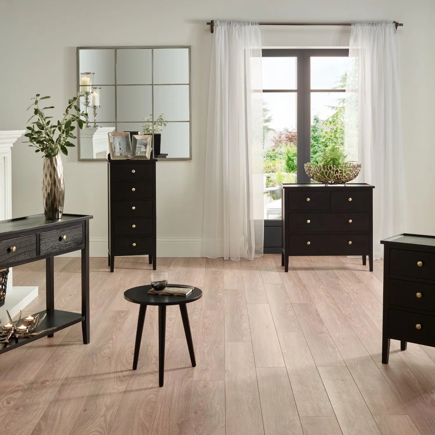 Satin Black Pine Wood 4 Drawer Chest of Drawers with Gold Knob Handles – Scandinavian Style Black Wooden Storage Cabinet with Raised Lipped Tabletop and Tapered Legs 75x80x33cm | Click Style