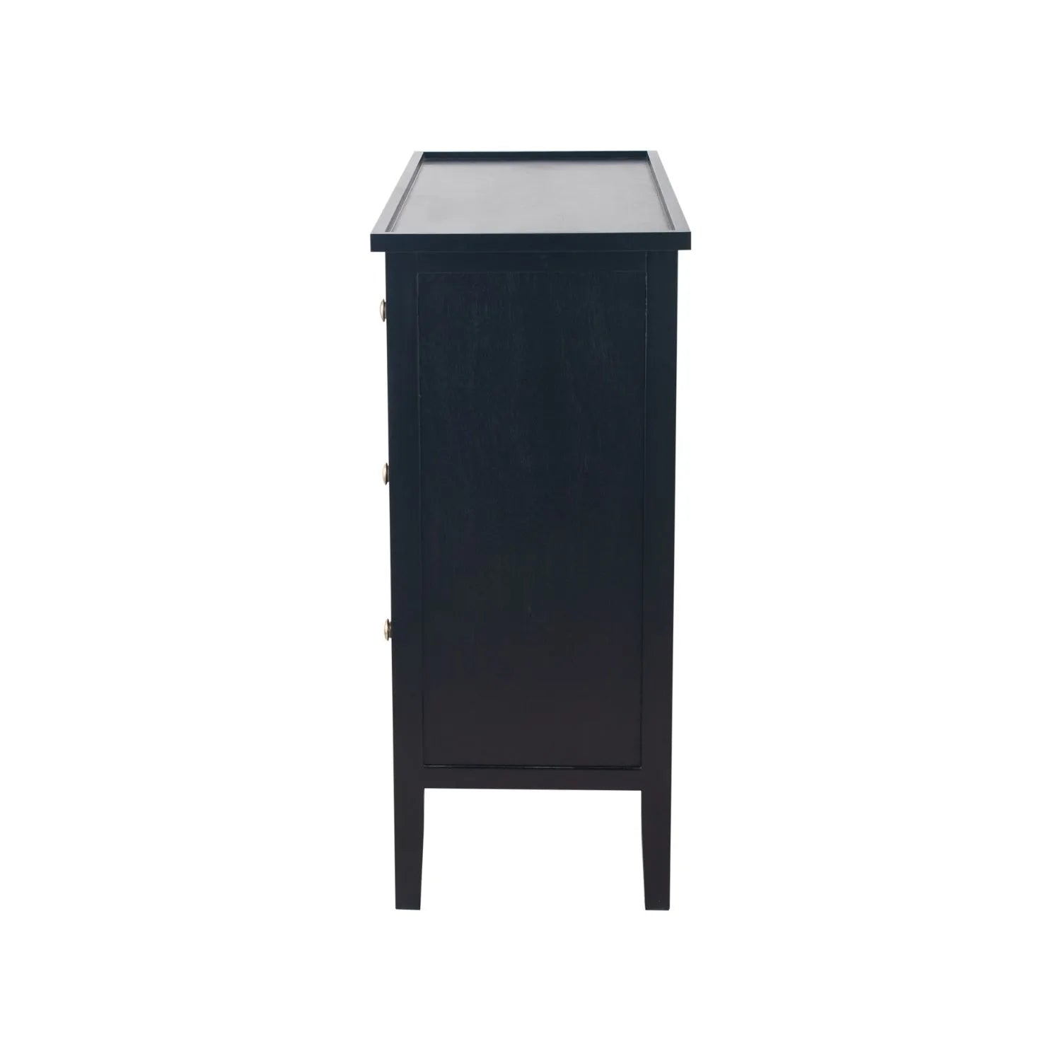 Satin Black Pine Wood 4 Drawer Chest of Drawers with Gold Knob Handles – Scandinavian Style Black Wooden Storage Cabinet with Raised Lipped Tabletop and Tapered Legs Side View 75x80x33cm | Click Style