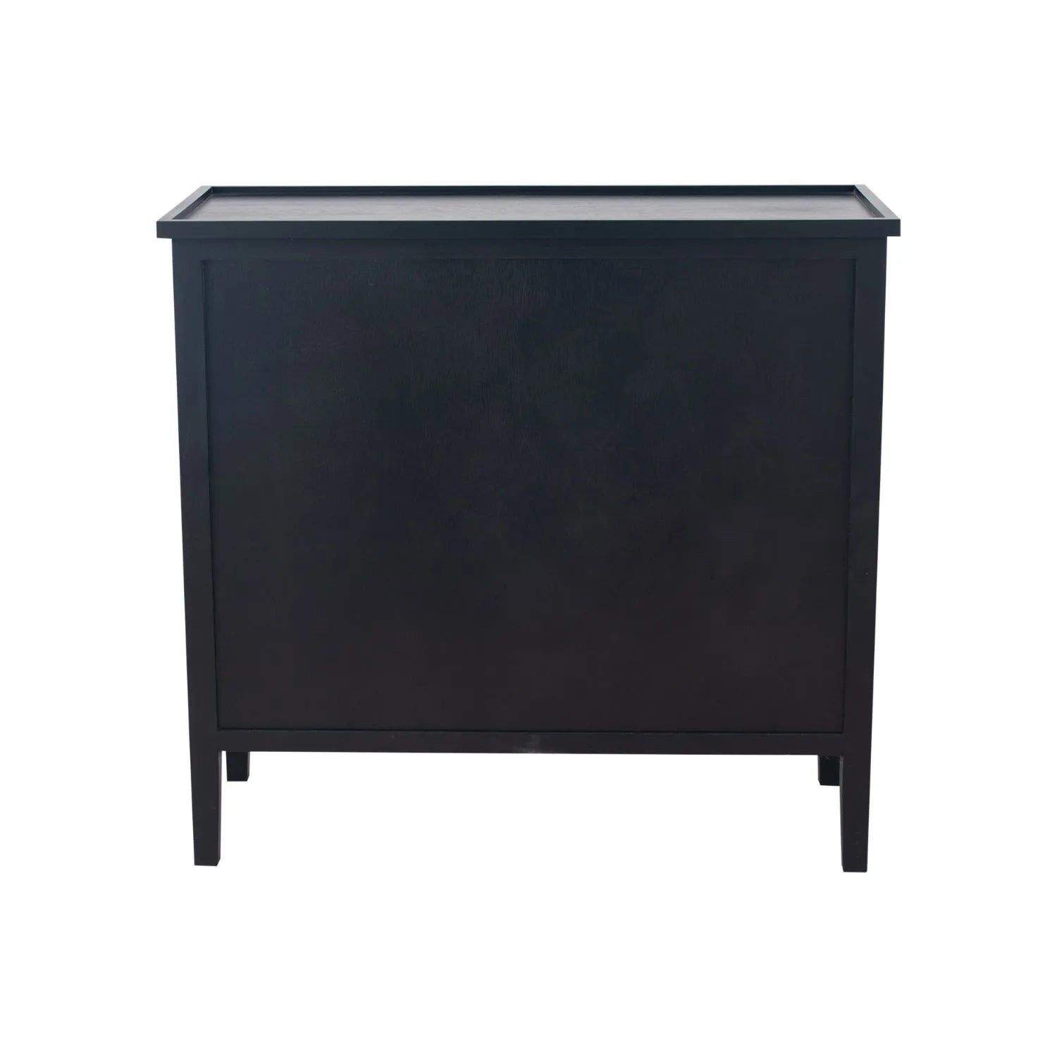 Satin Black Pine Wood 4 Drawer Chest of Drawers with Gold Knob Handles – Scandinavian Style Black Wooden Storage Cabinet with Raised Lipped Tabletop and Tapered Legs Back View 75x80x33cm | Click Style
