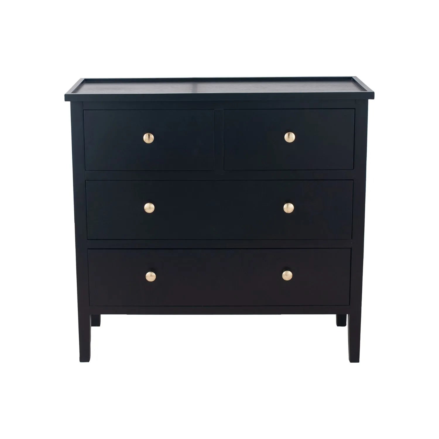 Satin Black Pine Wood 4 Drawer Chest of Drawers with Gold Knob Handles – Scandinavian Style Black Wooden Storage Cabinet with Raised Lipped Tabletop and Tapered Legs 75x80x33cm | Click Style