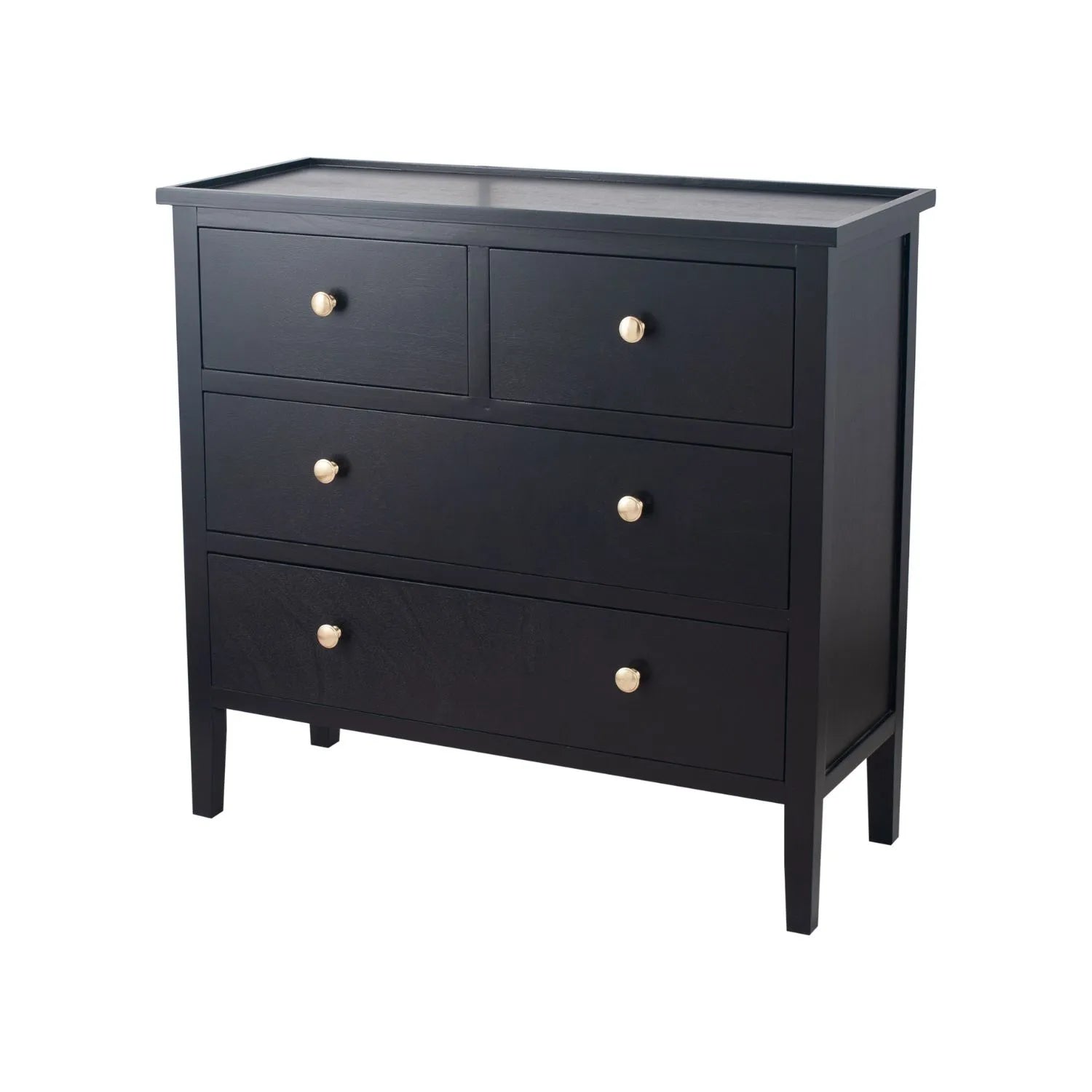 Satin Black Pine Wood 4 Drawer Chest of Drawers with Gold Knob Handles Narrow Wooden Storage Cabinet for Bedrooms, Living Rooms & Home Office 75x80x33cm | Click Style Satin Black Pine Wood 4 Drawer Chest of Drawers with Gold Knob Handles Narrow Wooden Storage Cabinet for Bedrooms, Living Rooms & Home Office 75x80x33cm | Click Style