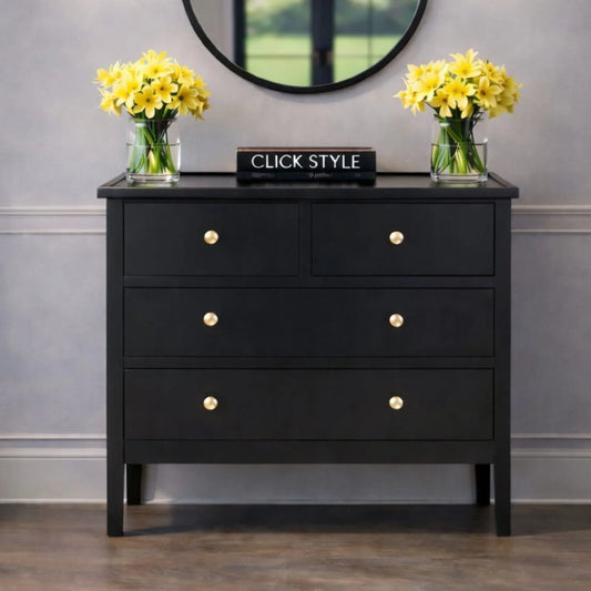 Satin Black Pine Wood 4 Drawer Chest of Drawers with Gold Knob Handles – Scandinavian Style Black Wooden Storage Cabinet with Raised Lipped Tabletop and Tapered Legs 75x80x33cm | Click Style