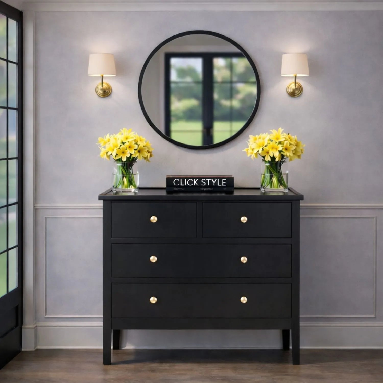 Satin Black Pine Wood 4 Drawer Chest of Drawers with Gold Knob Handles and Tray Top – Mid-Century Style Narrow Wooden Storage Cabinet for Bedrooms, Living Rooms & Home Offices 75x80x33cm | Click Style