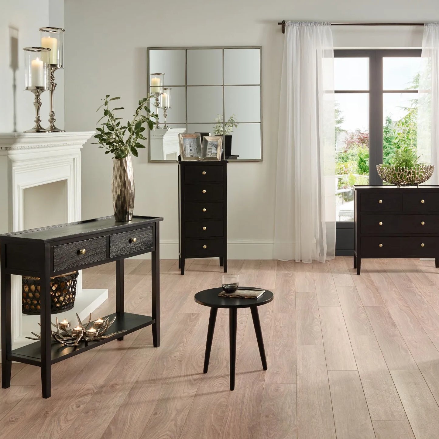 Satin Black Pine Wood 5 Drawer Tallboy Chest of Drawers with Gold Knob Handles – Narrow Wooden Tall Chest Bedroom Storage Cabinet 98x43x33cm | Click Style