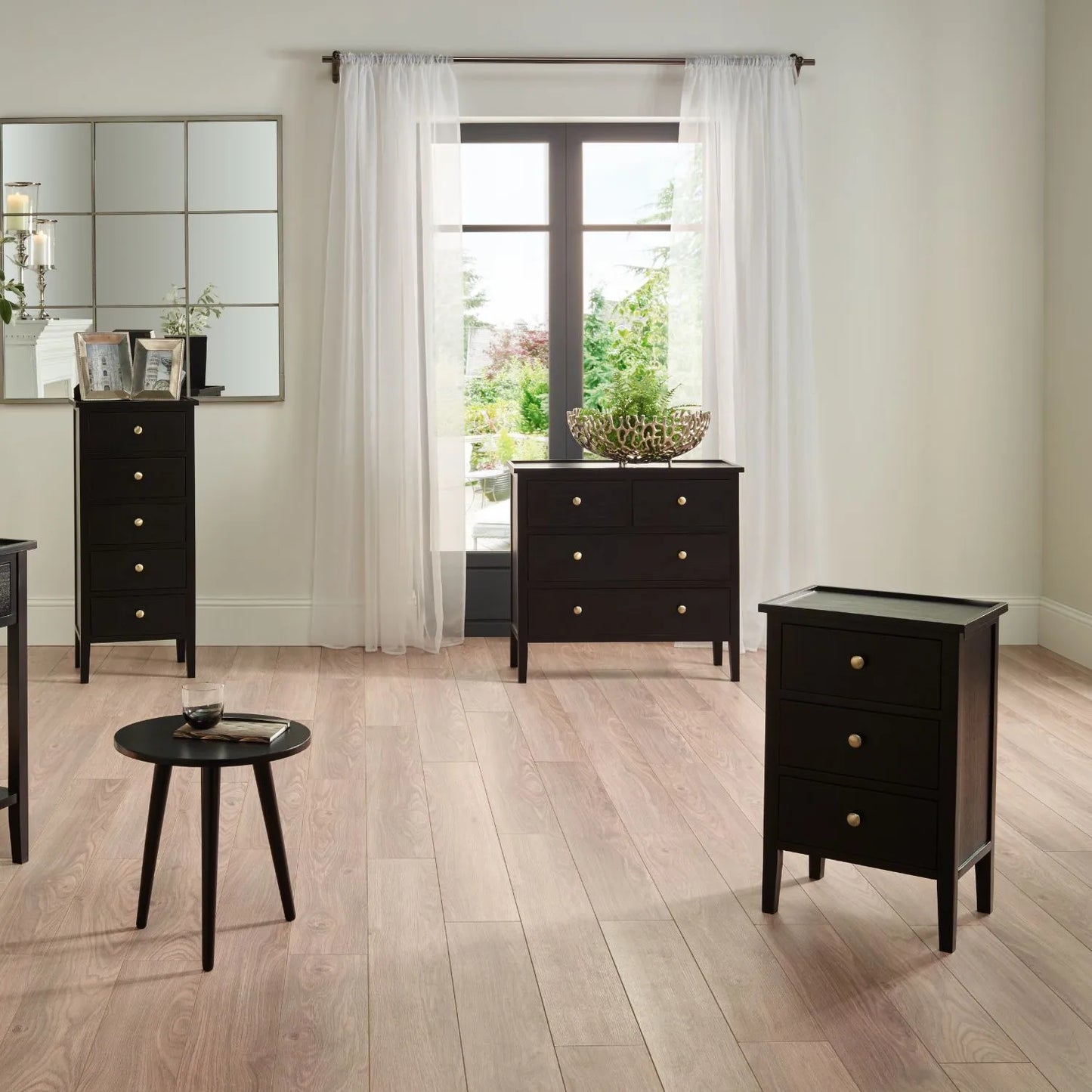 Satin Black Pine Wood 5 Drawer Tallboy Chest of Drawers with Gold Knob Handles – Narrow Wooden Tall Chest Bedroom Storage Cabinet 98x43x33cm | Click Style