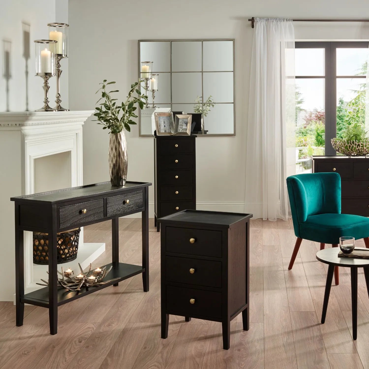 Satin Black Pine Wood 5 Drawer Tallboy Chest of Drawers with Gold Knob Handles – Narrow Wooden Tall Chest Bedroom Storage Cabinet 98x43x33cm | Click Style