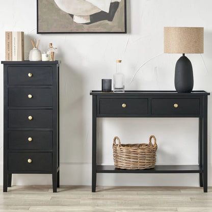 Satin Black Pine Wood 5 Drawer Tallboy Chest of Drawers with Gold Knob Handles – Narrow Wooden Tall Chest Bedroom Storage Cabinet 98x43x33cm | Click Style
