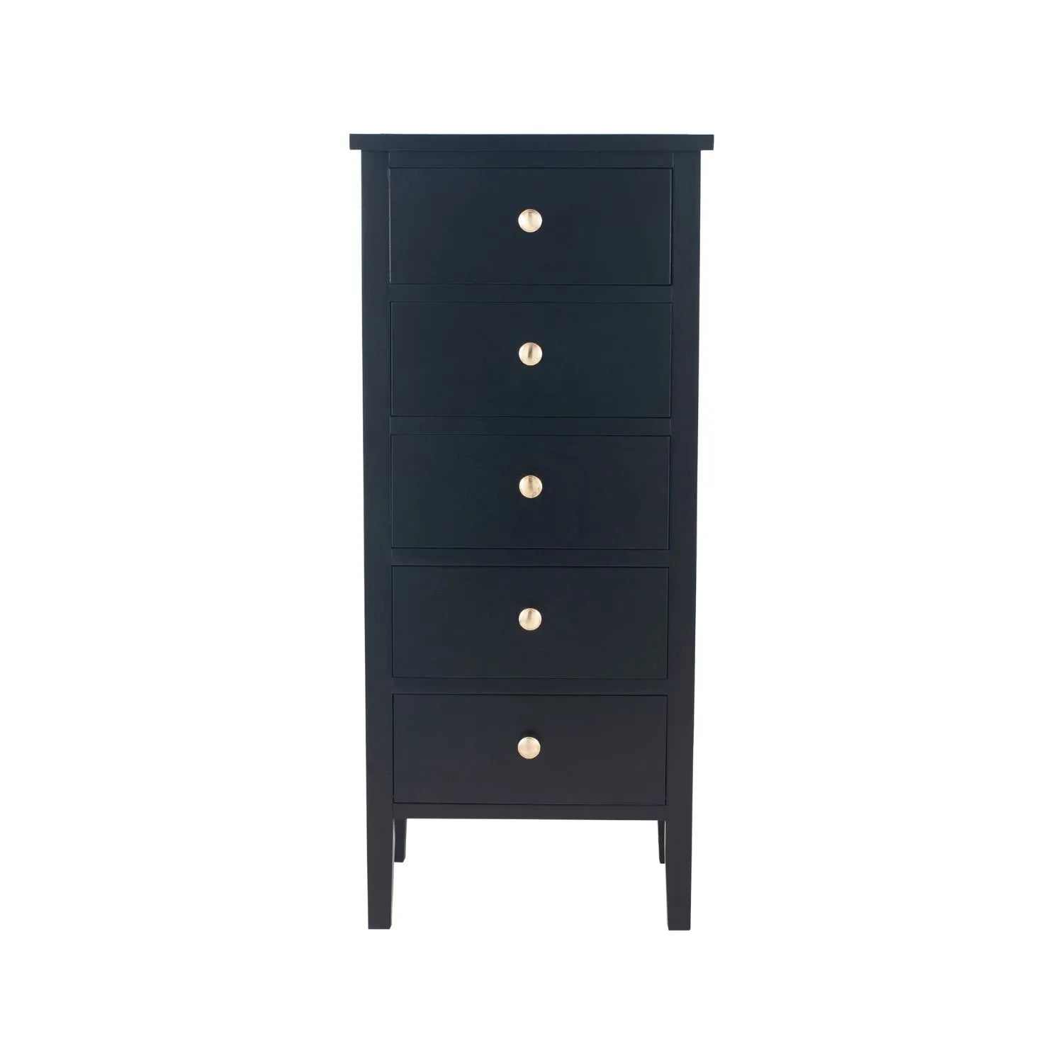 Satin Black Pine Wood 5 Drawer Tallboy Chest of Drawers with Gold Knob Handles – Narrow Wooden Tall Chest Bedroom Storage Cabinet 98x43x33cm | Click Style