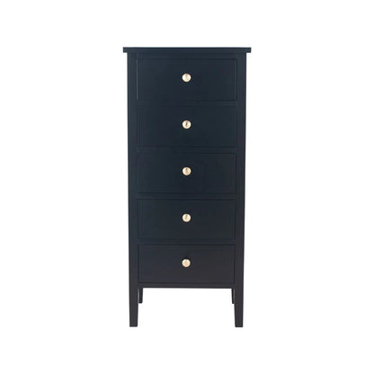 Satin Black Pine Wood 5 Drawer Tallboy Chest of Drawers with Gold Knob Handles – Narrow Wooden Tall Chest Bedroom Storage Cabinet 98x43x33cm | Click Style