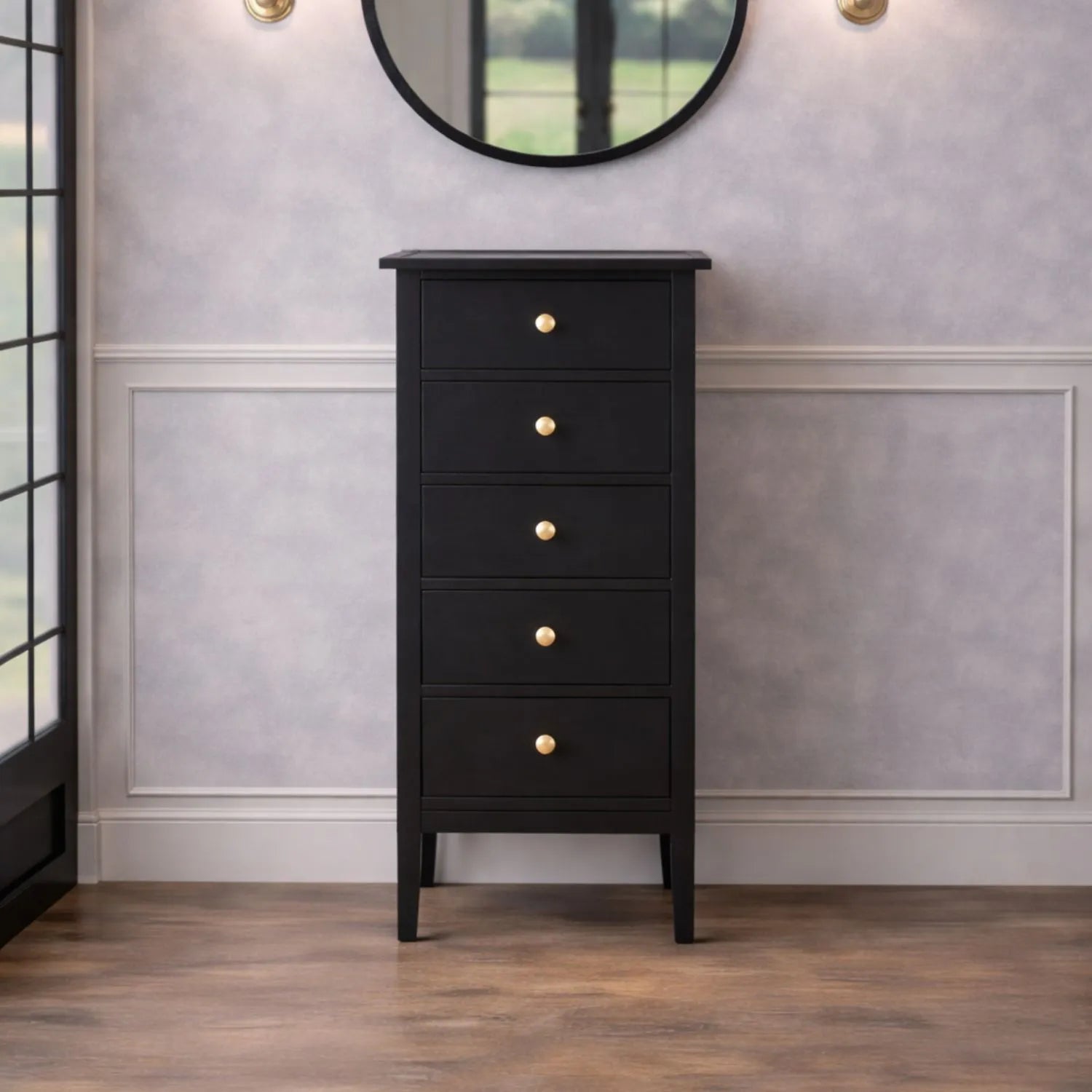 Satin Black Pine Wood 5 Drawer Tallboy Chest of Drawers with Gold Knob Handles – Narrow Wooden Tall Chest Bedroom Storage Cabinet 98x43x33cm | Click Style