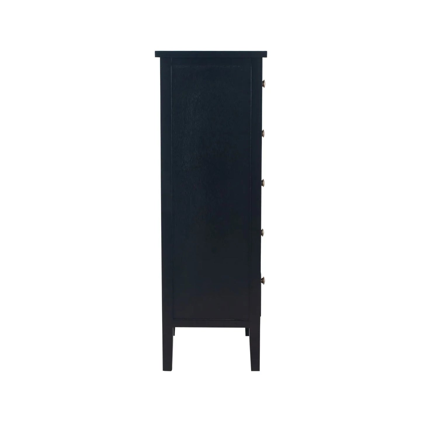 Satin Black Pine Wood 5 Drawer Tallboy Chest of Drawers with Gold Knob Handles – Narrow Wooden Tall Chest Bedroom Storage Cabinet Side View 98x43x33cm | Click Style