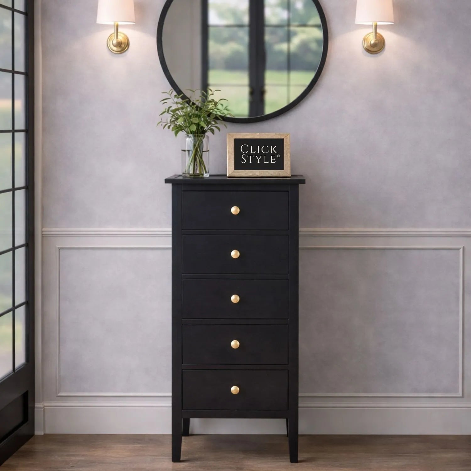 Satin Black Pine Wood 5 Drawer Tallboy Chest of Drawers with Gold Knob Handles – Narrow Wooden Tall Chest Bedroom Storage Cabinet 98x43x33cm | Click Style
