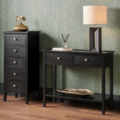 Satin Black Pine Wood 5 Drawer Tallboy Chest of Drawers with Gold Knob Handles – Narrow Wooden Tall Chest Bedroom Storage Cabinet 98x43x33cm | Click Style