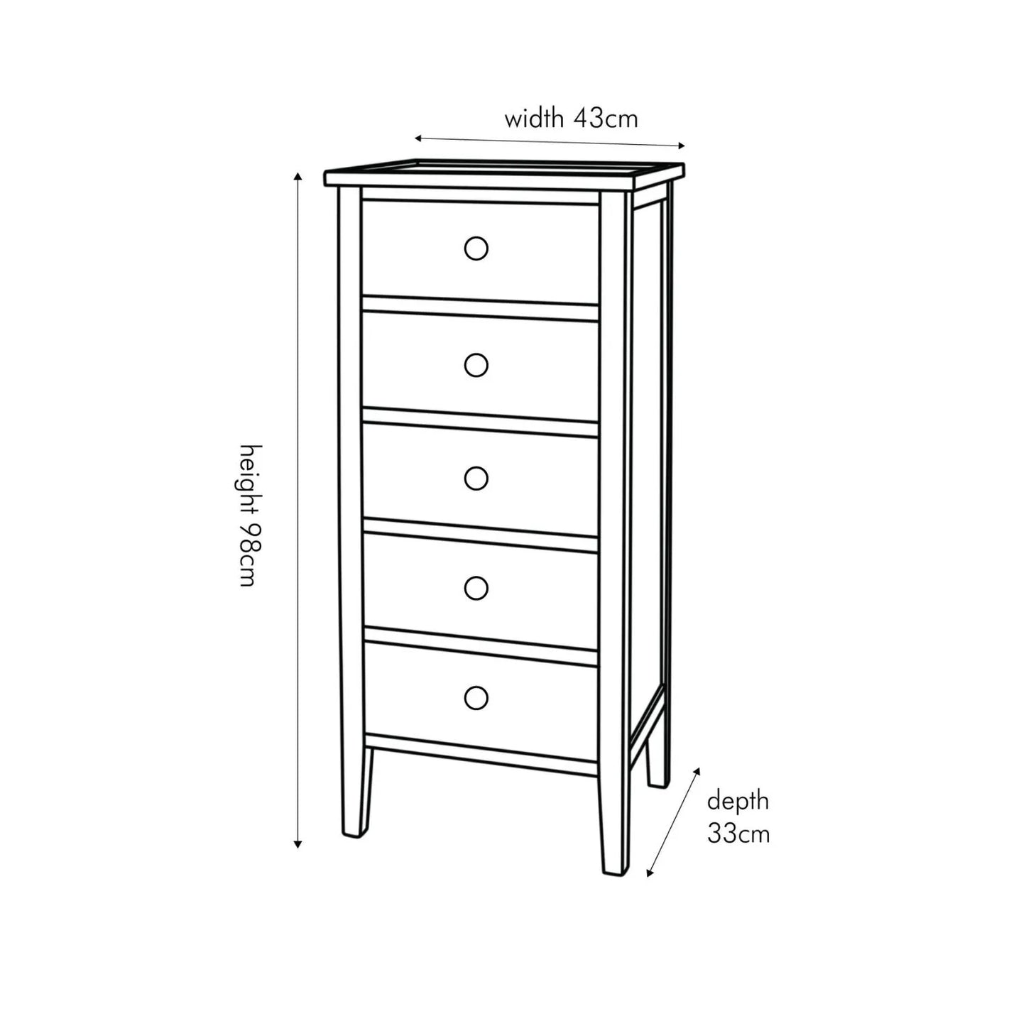 Satin Black Pine Wood 5 Drawer Tallboy Chest of Drawers with Gold Knob Handles – Narrow Wooden Tall Chest Bedroom Storage Cabinet Dimensions 98x43x33cm | Click Style