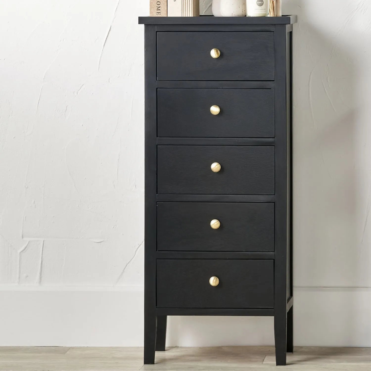Satin Black Pine Wood 5 Drawer Tallboy Chest of Drawers with Gold Knob Handles – Narrow Wooden Tall Chest Bedroom Storage Cabinet 98x43x33cm | Click Style