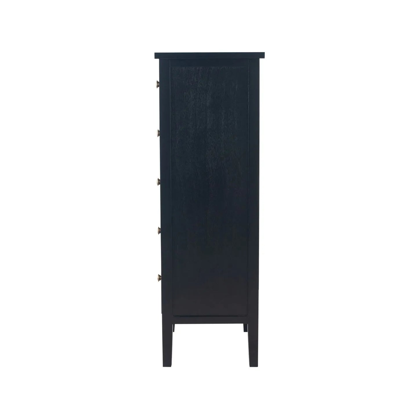 Satin Black Pine Wood 5 Drawer Tallboy Chest of Drawers with Gold Knob Handles – Narrow Wooden Tall Chest Bedroom Storage Cabinet Side View 98x43x33cm | Click Style