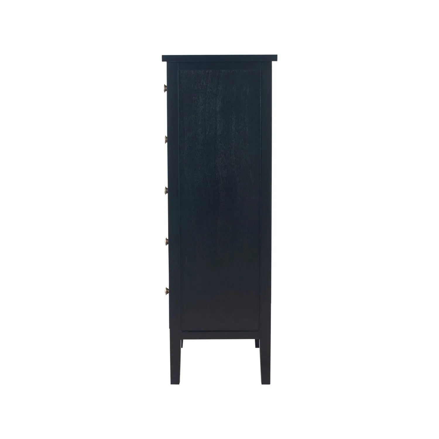 Satin Black Pine Wood 5 Drawer Tallboy Chest of Drawers with Gold Knob Handles – Narrow Wooden Tall Chest Bedroom Storage Cabinet Side View 98x43x33cm | Click Style