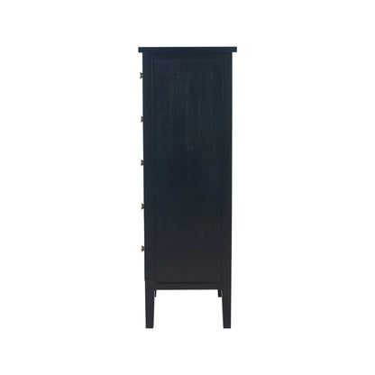 Satin Black Pine Wood 5 Drawer Tallboy Chest of Drawers with Gold Knob Handles – Narrow Wooden Tall Chest Bedroom Storage Cabinet Side View 98x43x33cm | Click Style