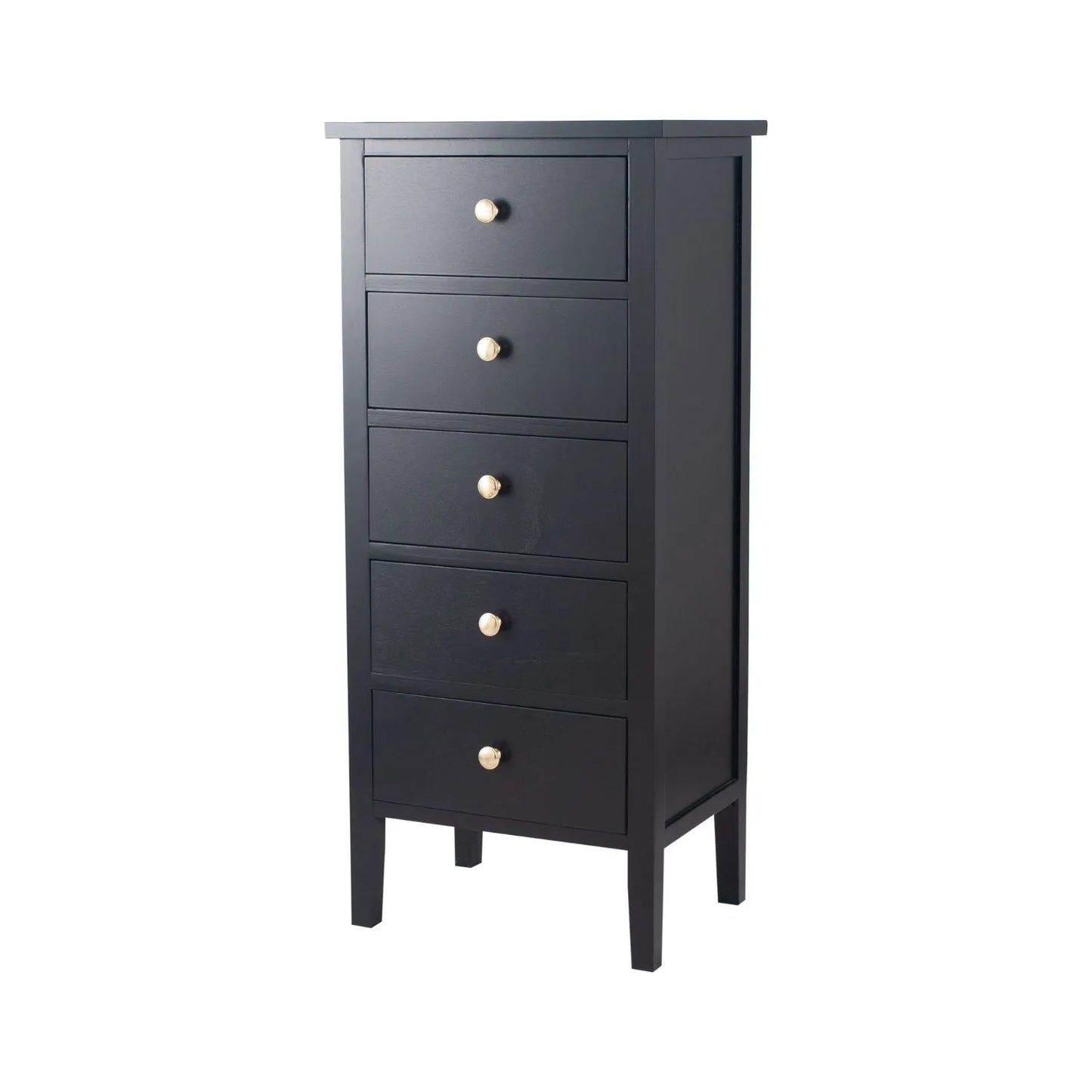 Satin Black Pine Wood 5 Drawer Tallboy Chest of Drawers with Gold Knob Handles – Narrow Wooden Tall Chest Bedroom Storage Cabinet 98x43x33cm | Click Style