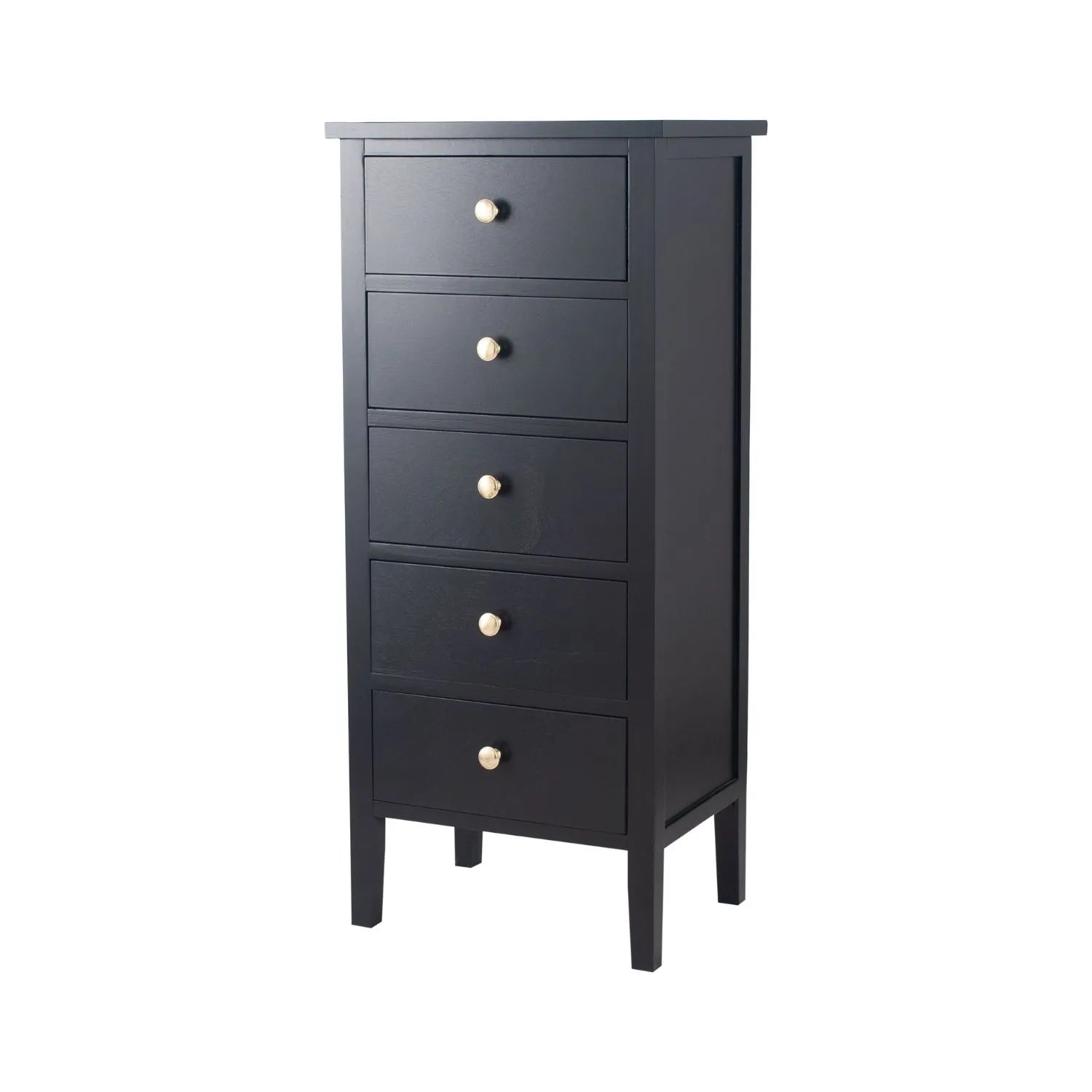 Satin Black Pine Wood 5 Drawer Tallboy Chest of Drawers with Gold Knob Handles – Narrow Wooden Tall Chest Bedroom Storage Cabinet 98x43x33cm | Click Style