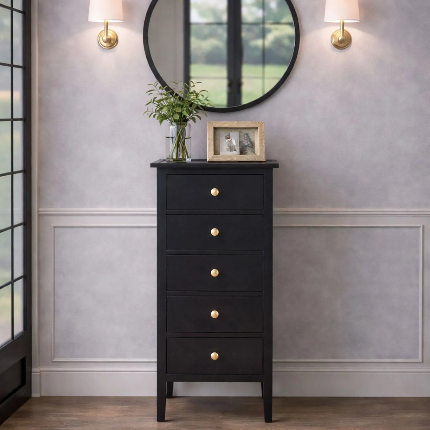 Satin Black Pine Wood 5 Drawer Tallboy Chest of Drawers with Gold Knob Handles – Narrow Wooden Tall Chest Bedroom Storage Cabinet 98x43x33cm | Click Style