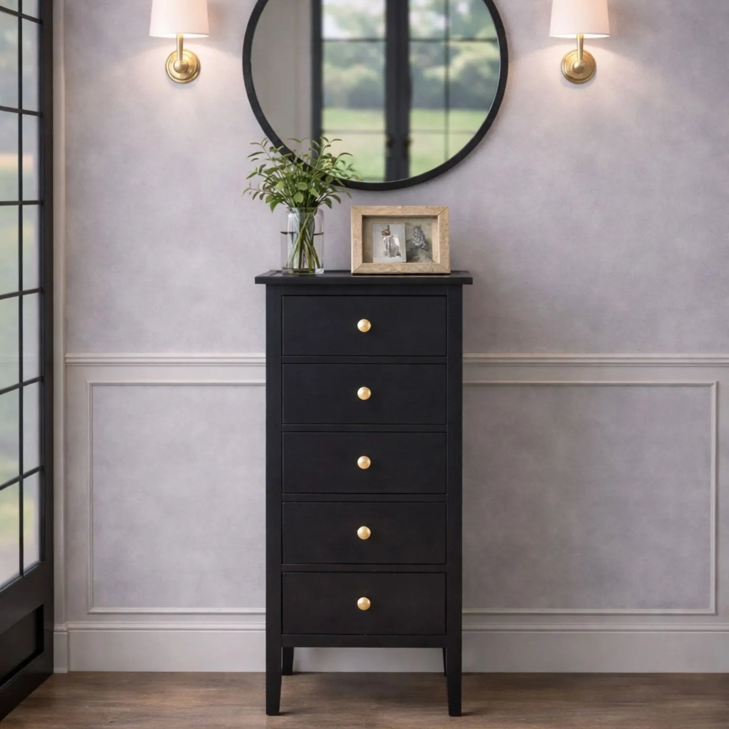 Satin Black Pine Wood 5 Drawer Tallboy Chest of Drawers with Gold Knob Handles – Narrow Wooden Tall Chest Bedroom Storage Cabinet 98x43x33cm | Click Style