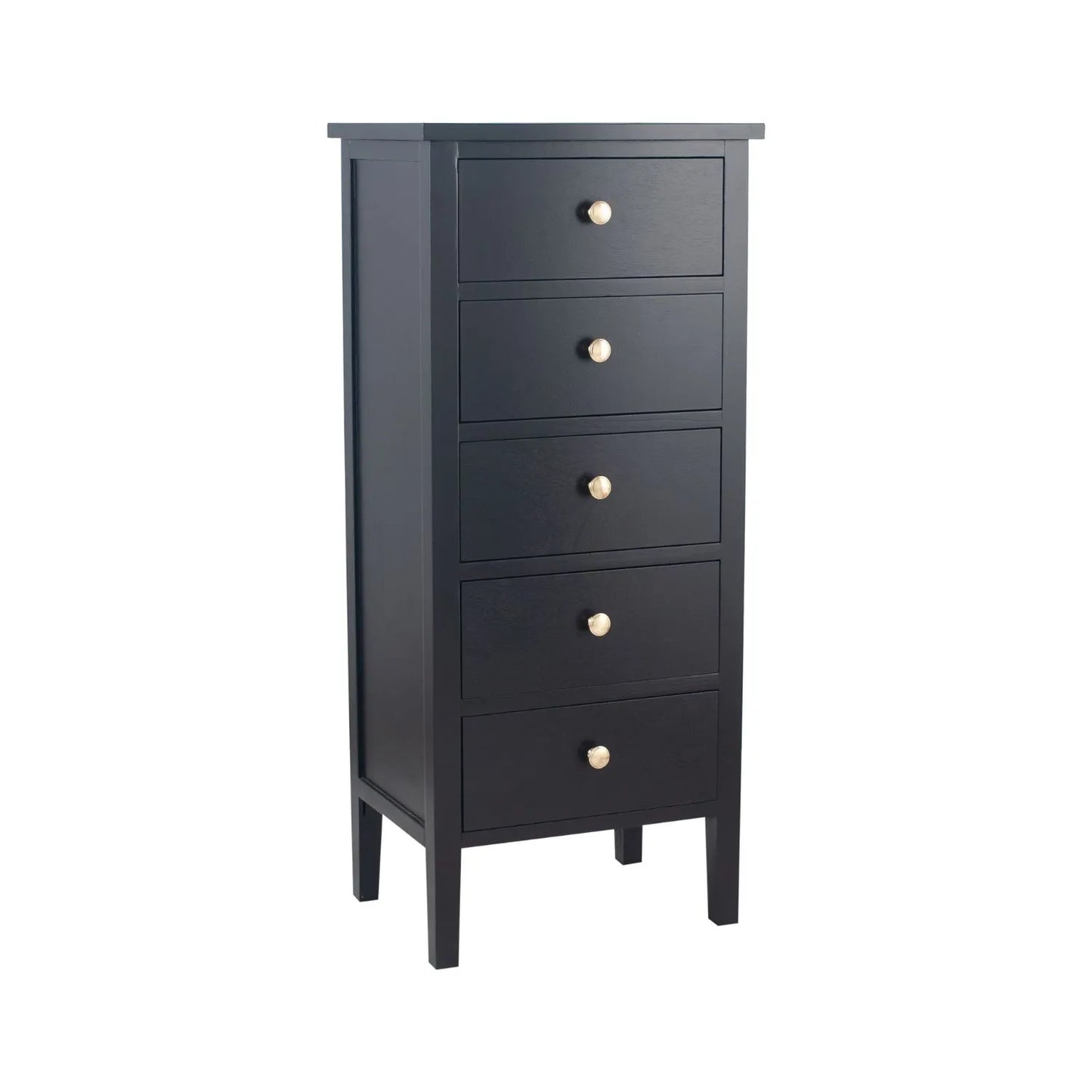 Satin Black Pine Wood 5 Drawer Tallboy Chest of Drawers with Gold Knob Handles – Narrow Wooden Tall Chest Bedroom Storage Cabinet 98x43x33cm | Click Style