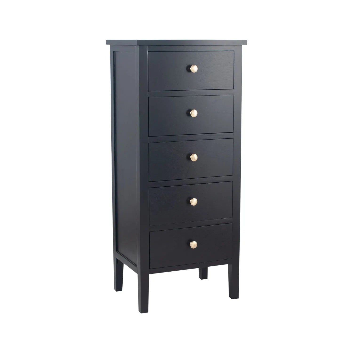 Satin Black Pine Wood 5 Drawer Tallboy Chest of Drawers with Gold Knob Handles – Narrow Wooden Tall Chest Bedroom Storage Cabinet 98x43x33cm | Click Style