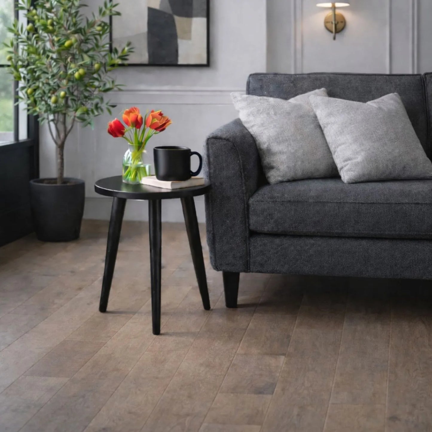 Satin Black Round Pine Wood Side Table with Tapered Tripod Legs – Wooden Occasional End Table for Living Rooms & Bedrooms 42x40x40cm – Modern Scandinavian Style Black Wood Side Table for Sofas, Armchairs, Bedside Use & Reading Corners | Click Style
