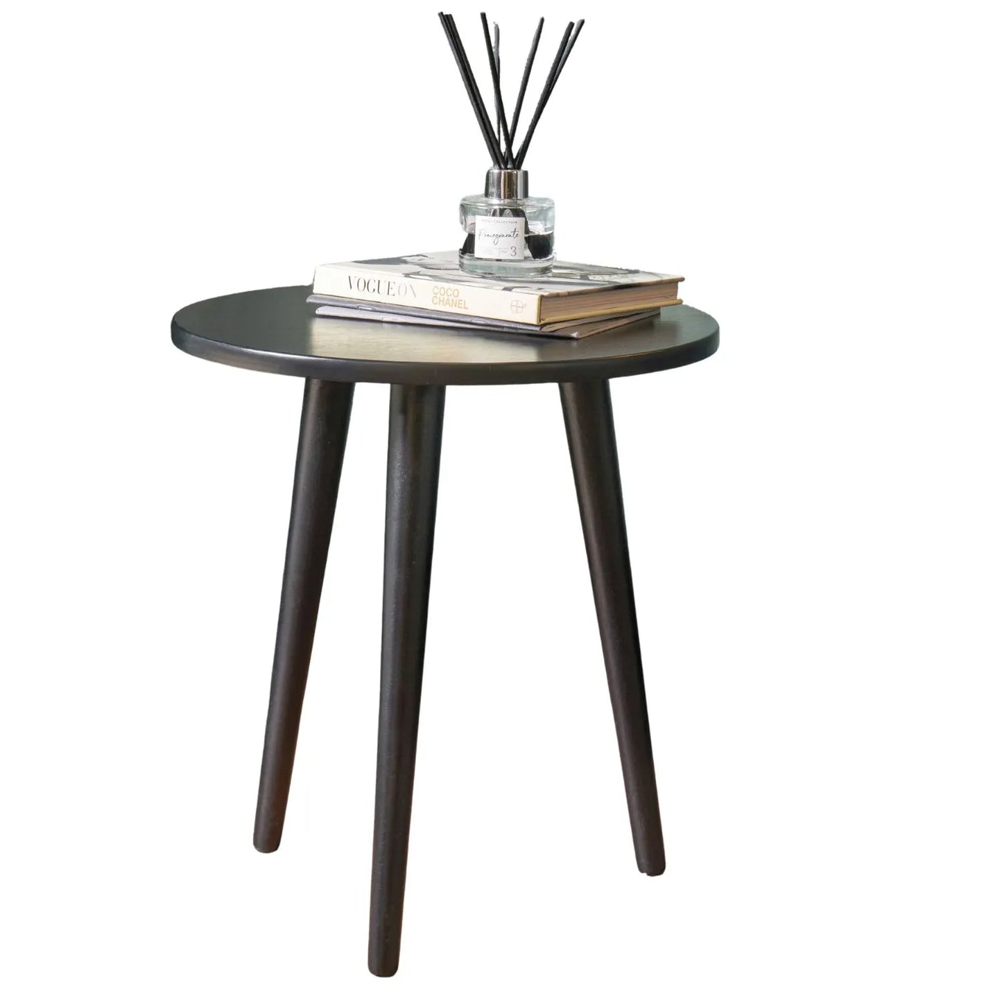 Satin Black Round Pine Wood Side Table with Tapered Tripod Legs – Wooden Occasional End Table for Living Rooms & Bedrooms 42x40x40cm – Modern Scandinavian Style Black Wood Side Table for Sofas, Armchairs, Bedside Use & Reading Corners | Click Style