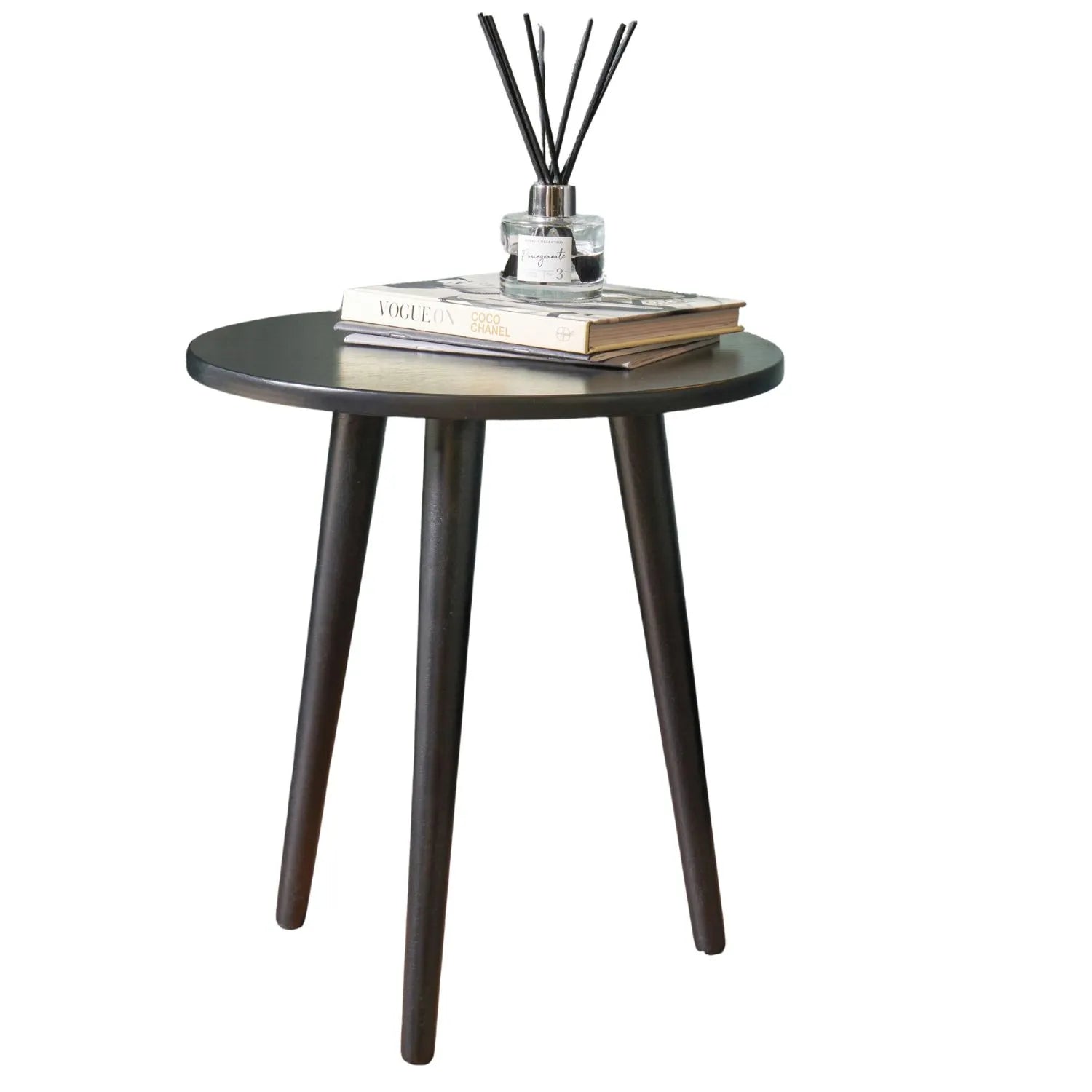 Satin Black Round Pine Wood Side Table with Tapered Tripod Legs – Wooden Occasional End Table for Living Rooms & Bedrooms 42x40x40cm – Modern Scandinavian Style Black Wood Side Table for Sofas, Armchairs, Bedside Use & Reading Corners | Click Style