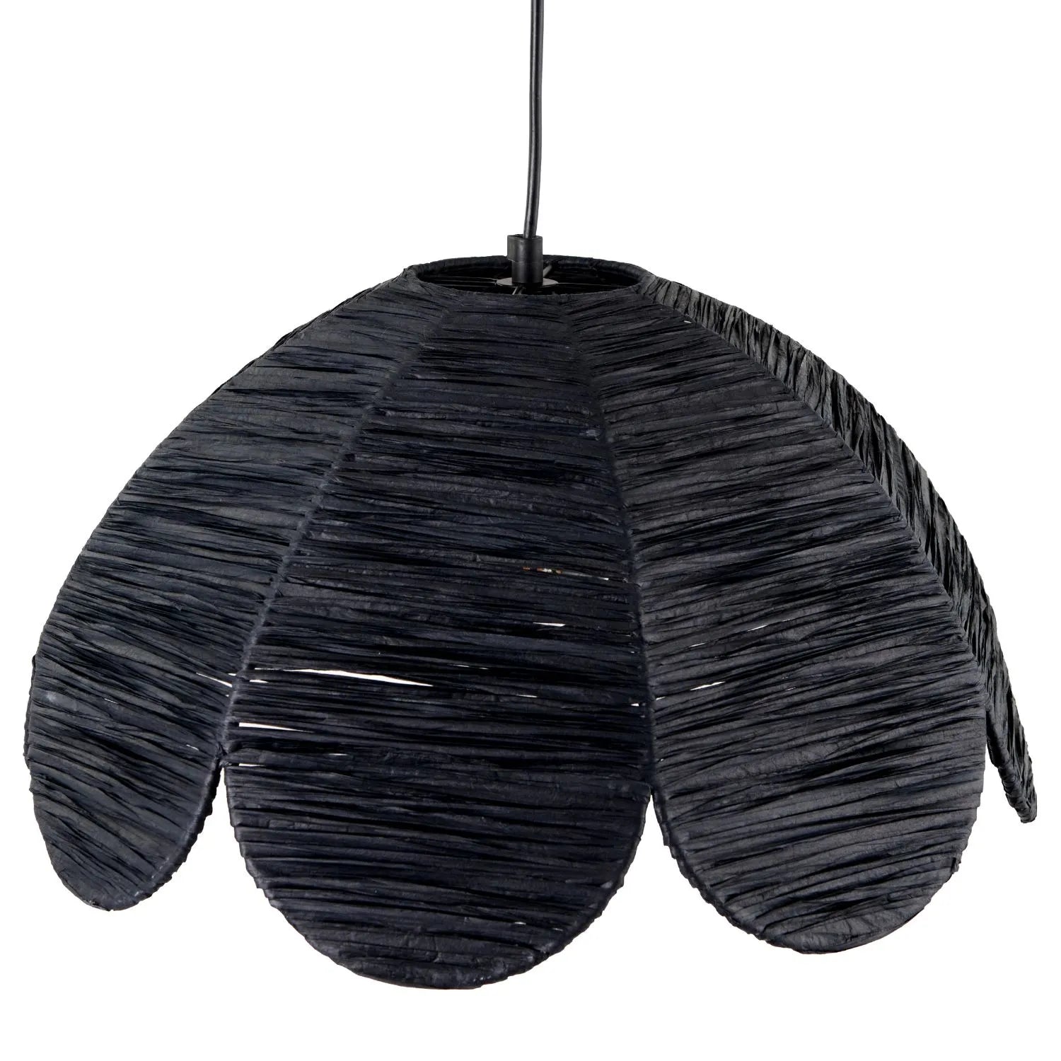 Scalloped Black Raffia Adjustable Ceiling Pendant Light with Petal-Shaped Lampshade & Wrapped Textured Finish H118xW41xD41cm - Click Style