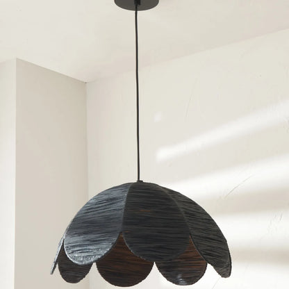 Scalloped Black Raffia Adjustable Ceiling Pendant Light with Petal-Shaped Lampshade & Wrapped Textured Finish H118xW41xD41cm - Click Style