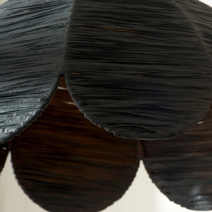 Scalloped Black Raffia Adjustable Ceiling Pendant Light with Petal-Shaped Lampshade & Wrapped Textured Finish H118xW41xD41cm - Click Style