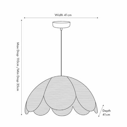 Scalloped Black Raffia Adjustable Ceiling Pendant Light with Petal-Shaped Lampshade & Wrapped Textured Finish Dimensions H118xW41xD41cm - Click Style
